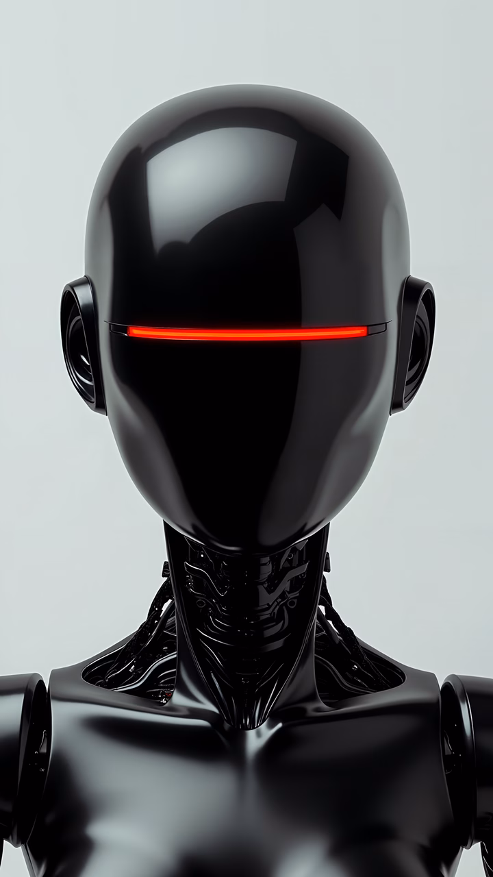 Glossy black cyborg head with glowing red eyes, futuristic and eerie
