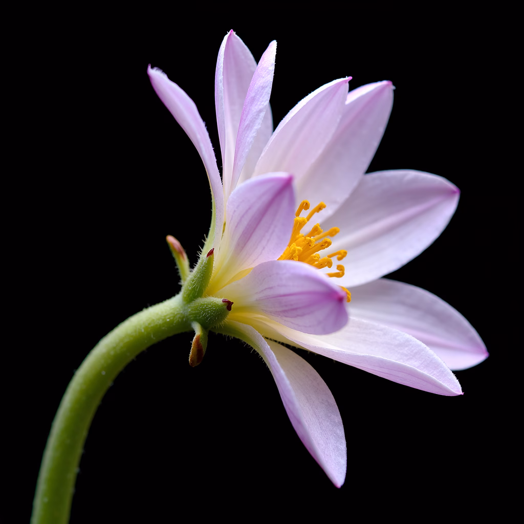 Close-up of a delicate pink flower with soft purple hues and vibrant yellow center, set against a dark background.