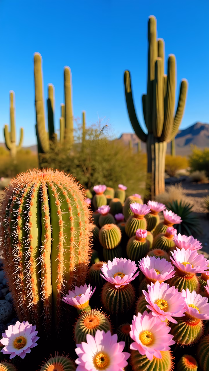 Vibrant desert flowers against a backdrop of saguaro cacti under a clear blue sky.