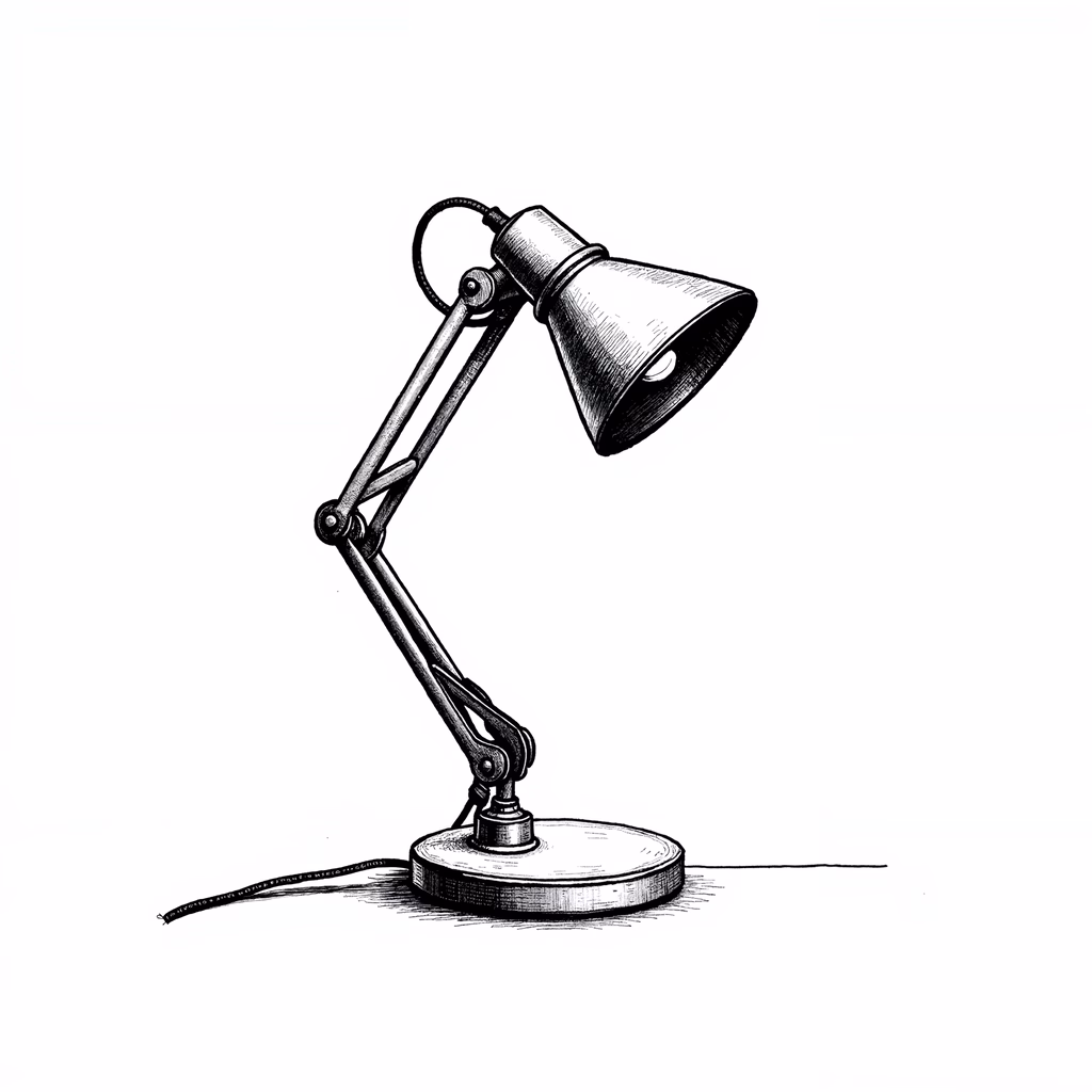 Minimalist black-and-white illustration of a classic desk lamp.