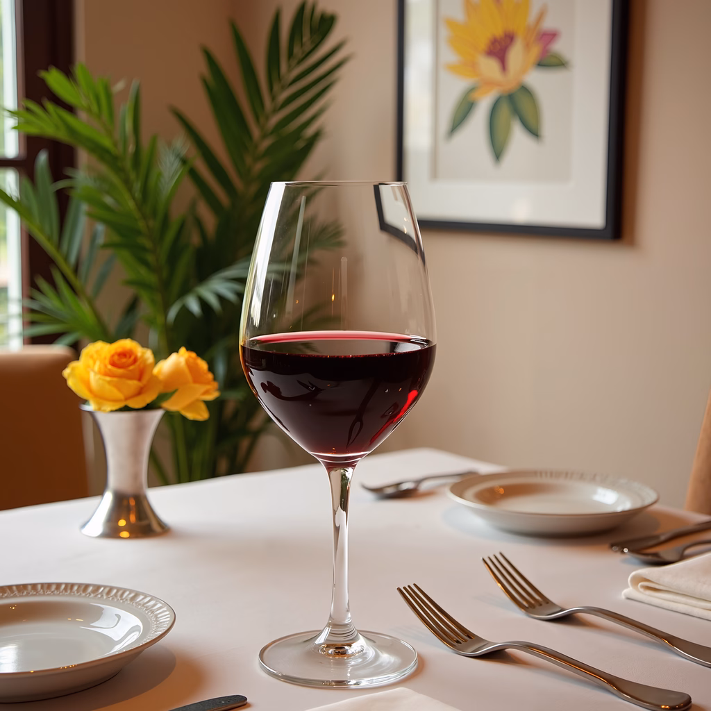Elegant dining setup with red wine and yellow roses.