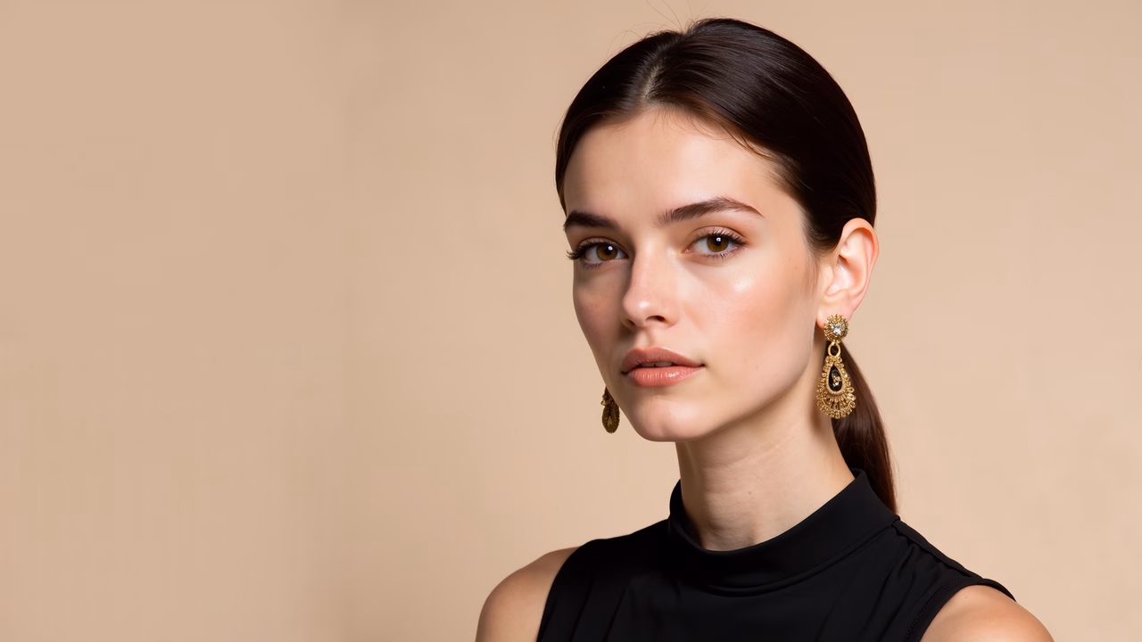 Close-up of elegant gold earrings on a woman with a neutral background.