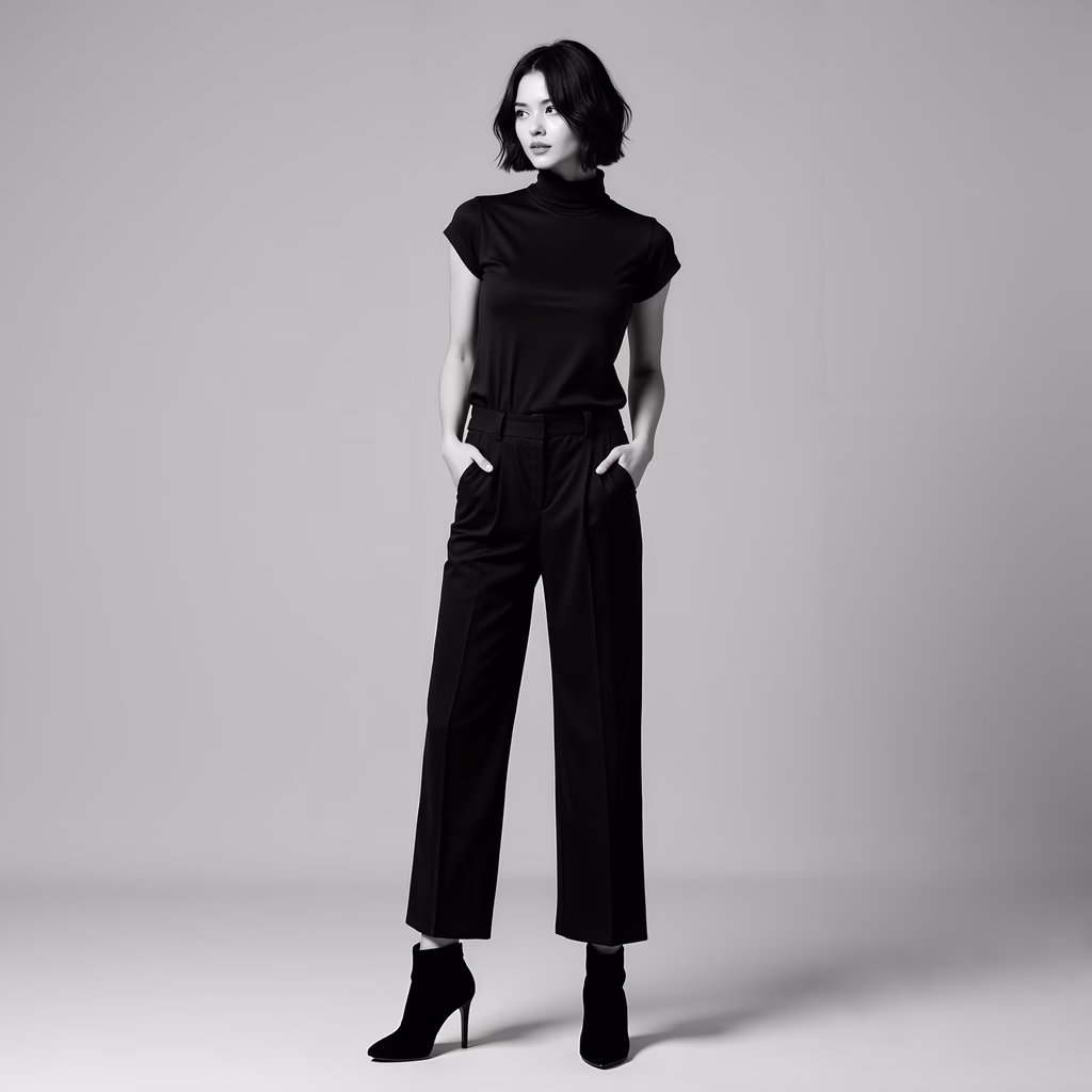 Minimalist fashion portrait in black and white, showcasing elegance and sophistication.