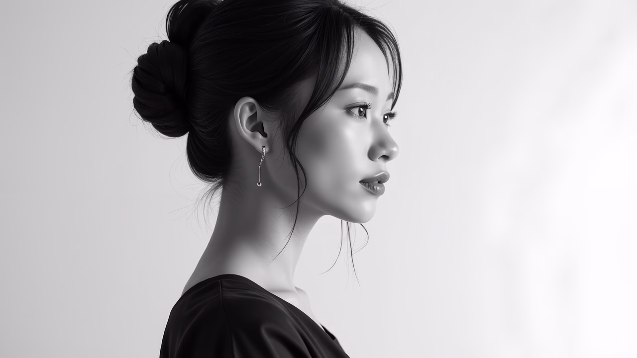 Minimalist black-and-white portrait of a woman with elegant hairstyle and earrings.