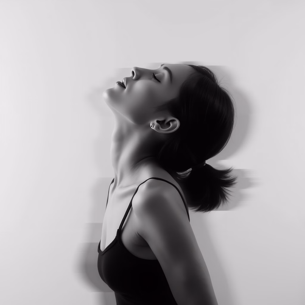A serene black-and-white portrait of a woman with elegant posture, captured in fine art illustration.