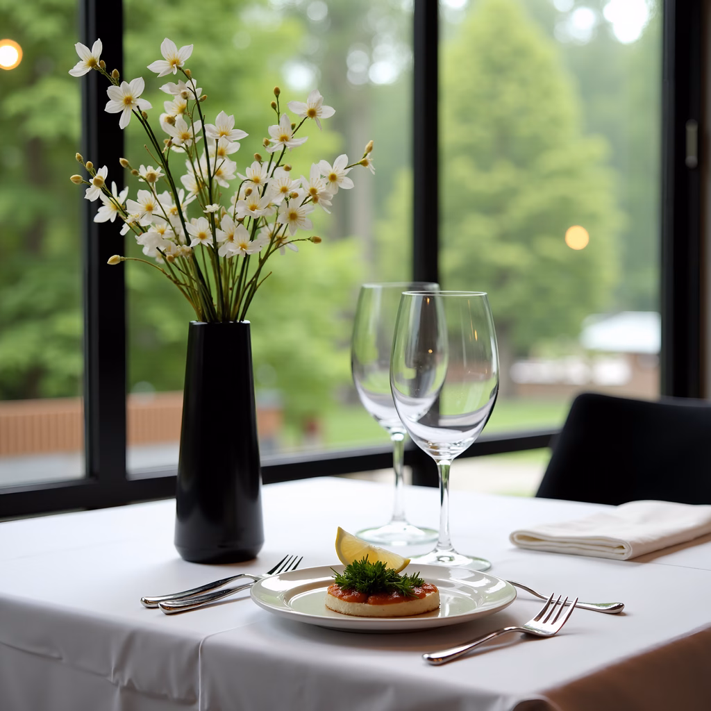Elegant table setting with fresh herbs and a view of nature.