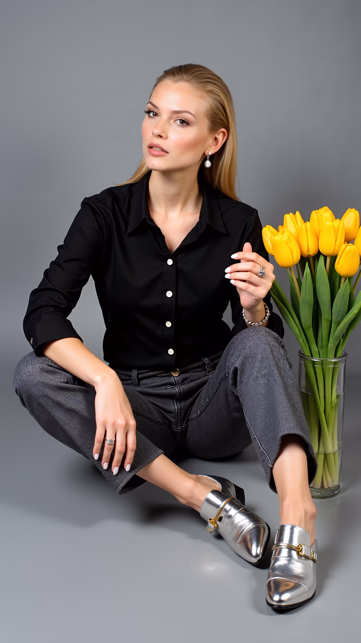Elegant woman with tulips, stylish fashion, serene atmosphere