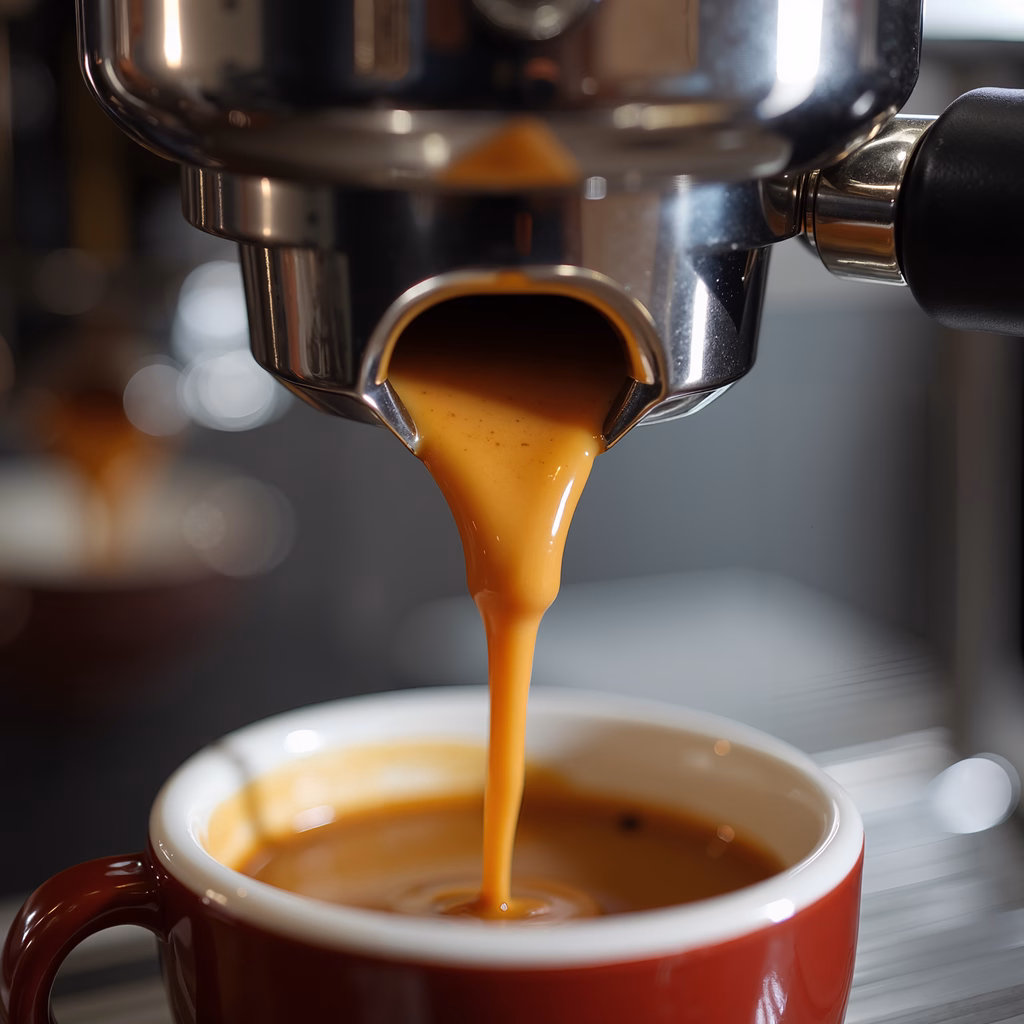 Close-up of espresso pouring into a red cup, highlighting the rich texture and smooth flow.