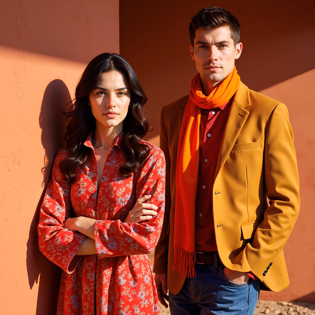 Fashion Duo: Vibrant Contrast Against Warm Orange Backdrop