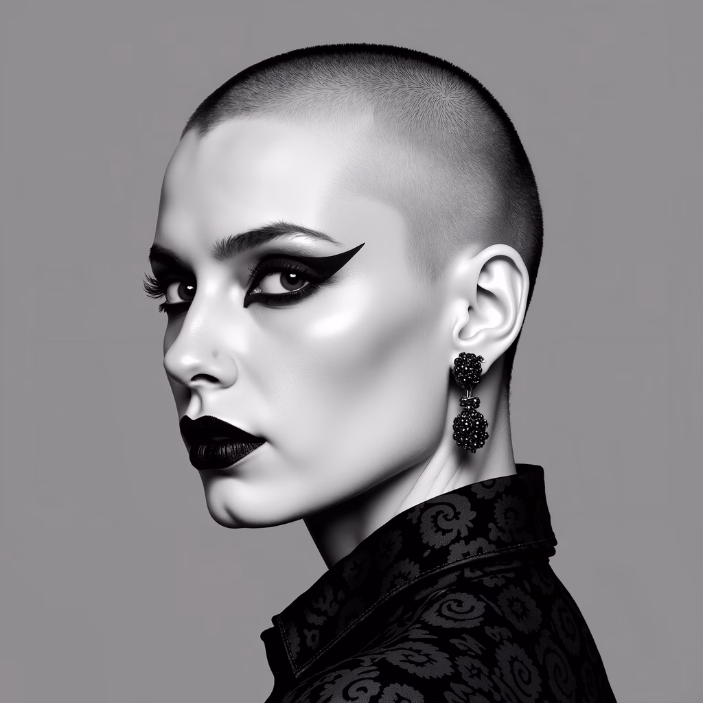 Bold fashion illustration with shaved head and dramatic makeup.