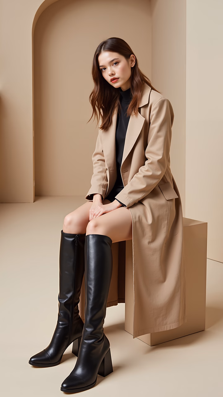Minimalist fashion portrait of a model in beige trench coat and black boots.