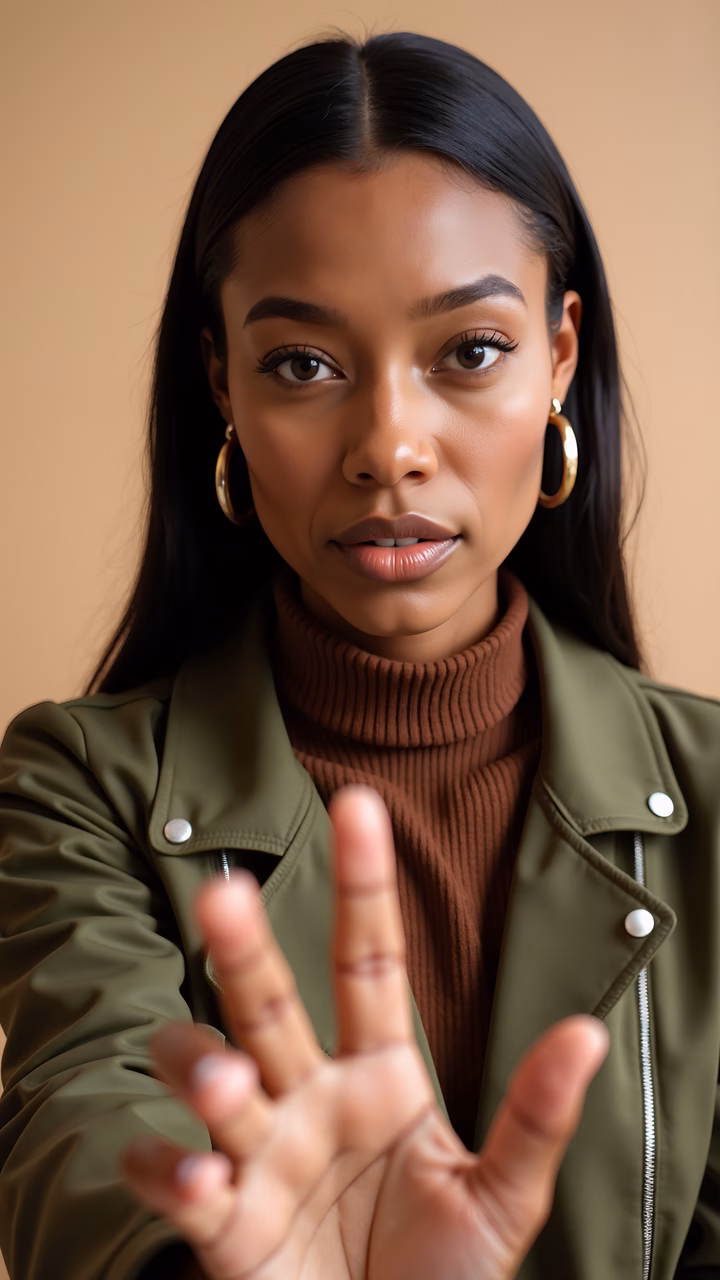 Elegant fashion portrait with olive green jacket and brown turtleneck sweater.