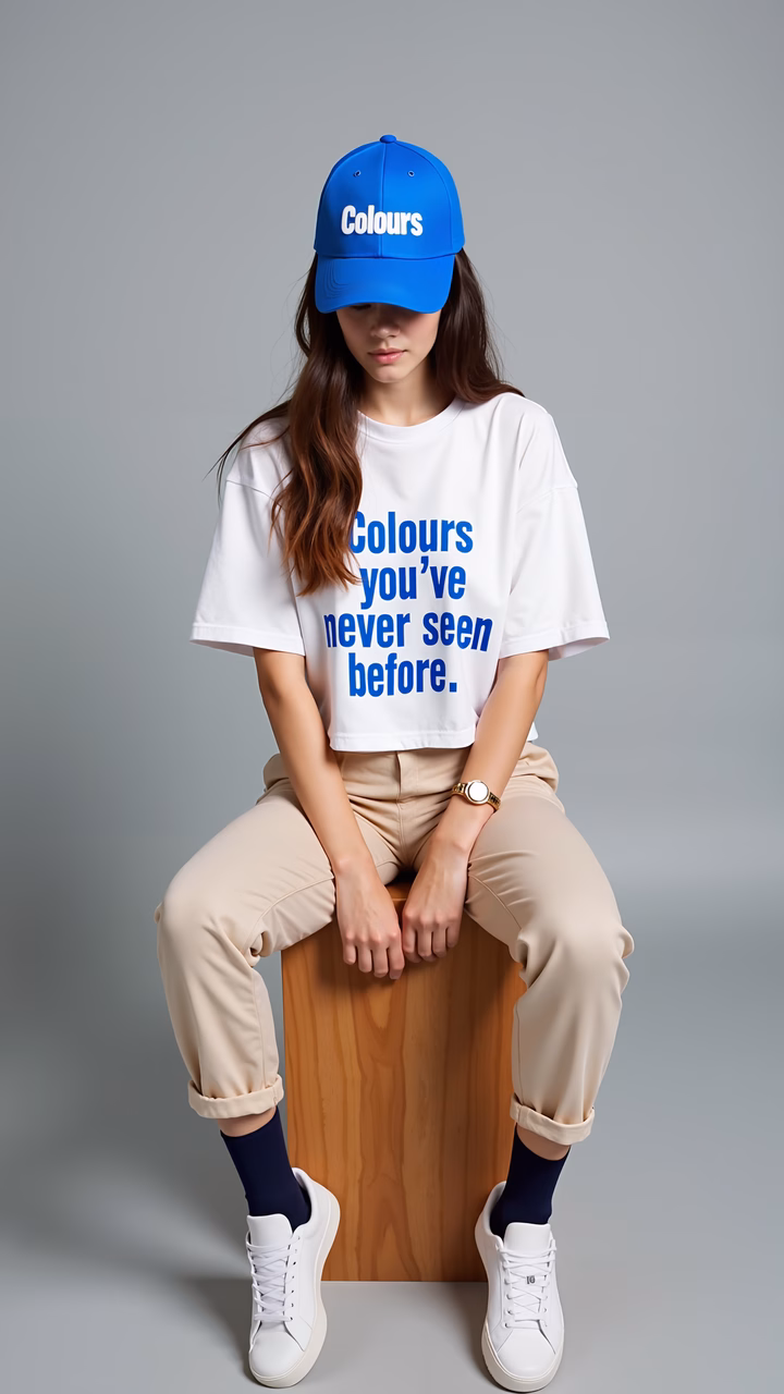 Confident fashion statement with bold text and vibrant colors.