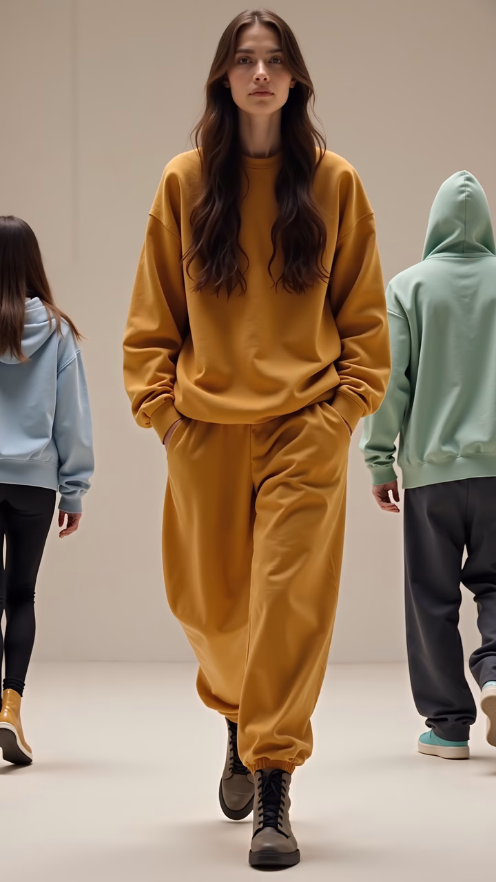 Model showcasing stylish mustard yellow sweatshirt and matching pants in a modern setting.