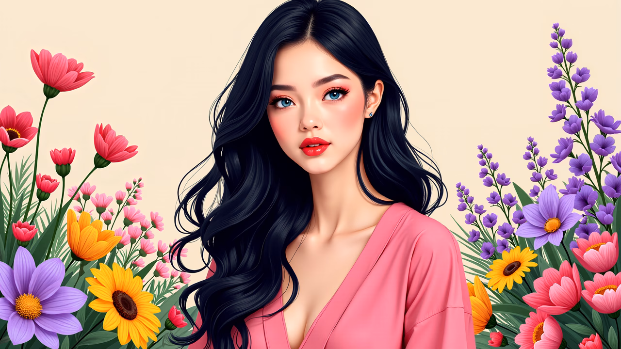 Vibrant floral illustration featuring a woman in a pink blouse, exuding joy and positivity.