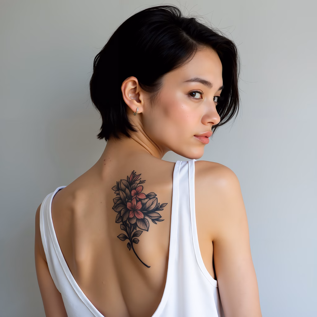 Close-up portrait of a woman with a striking floral tattoo on her back, wearing a white tank top.