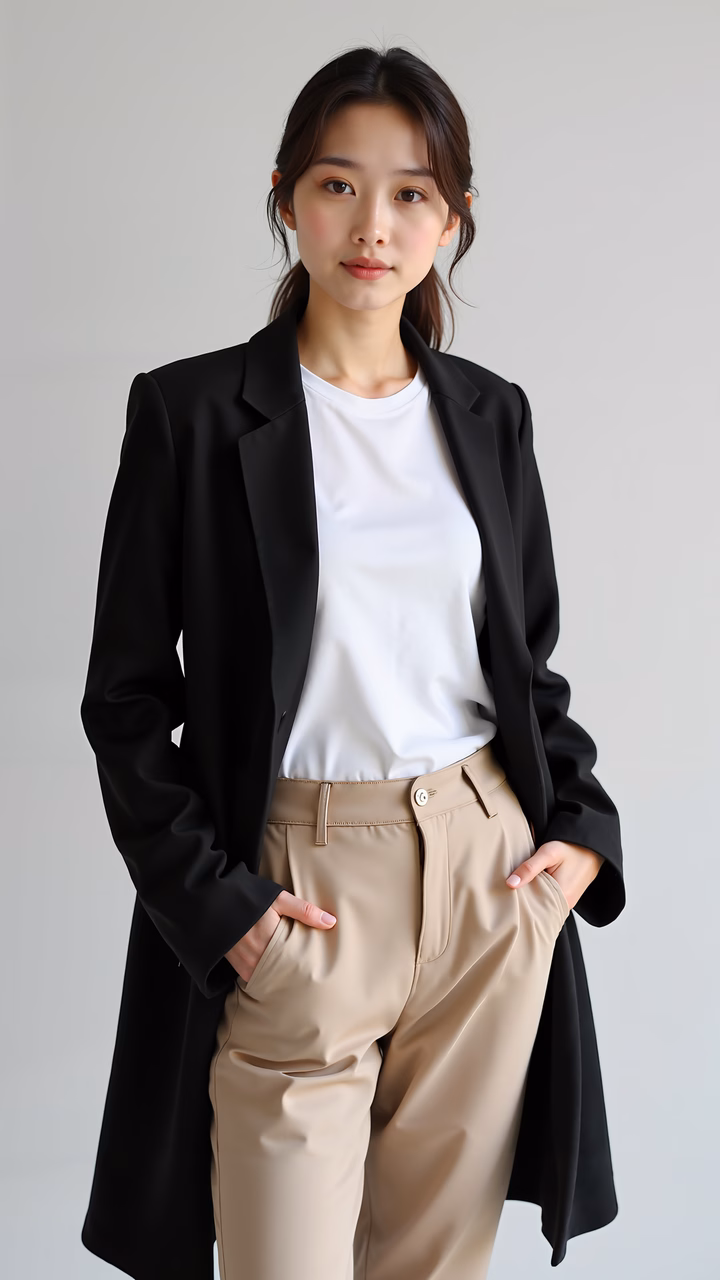 Minimalist fashion portrait with elegant attire and soft lighting.
