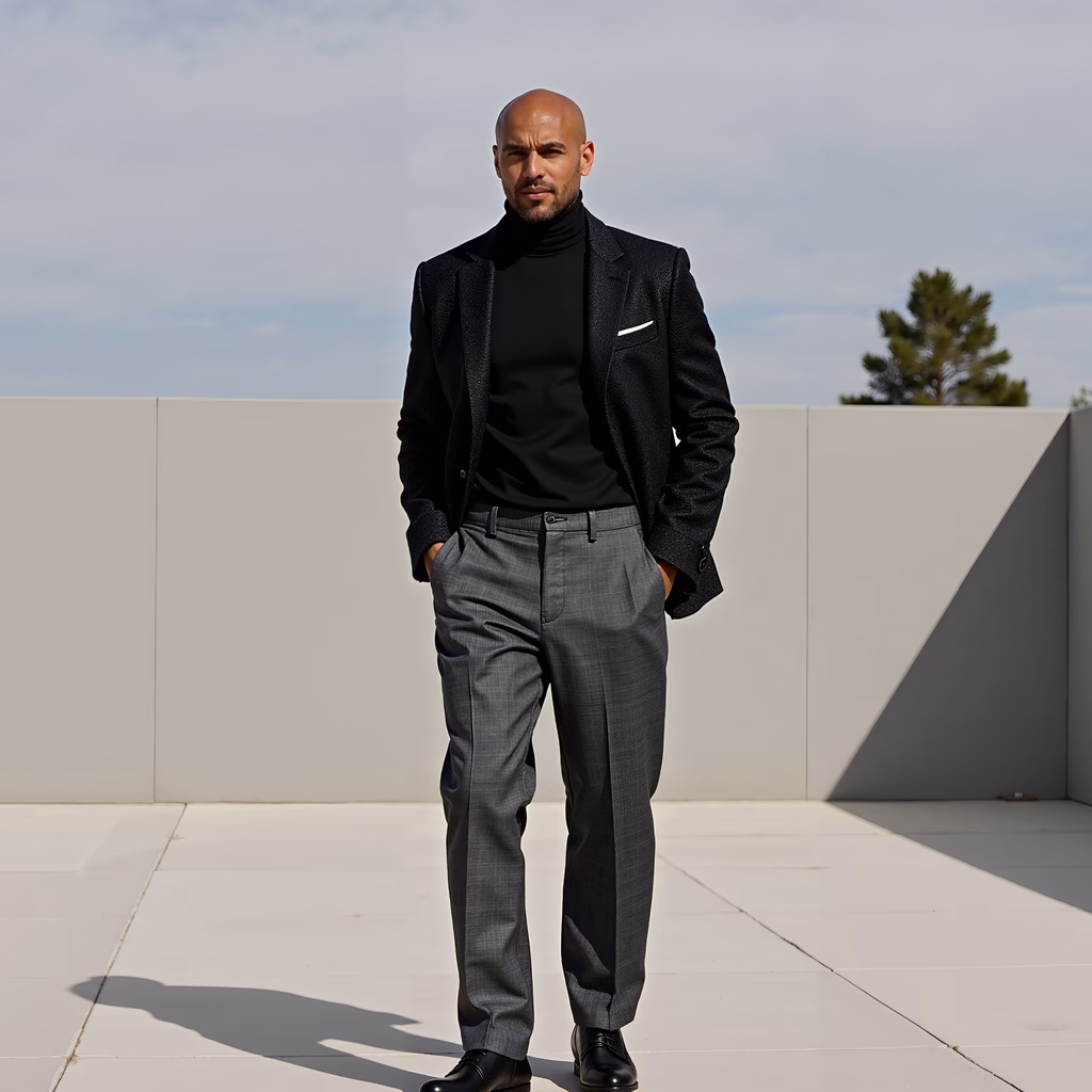 Minimalist fashion portrait with elegant attire and natural lighting.