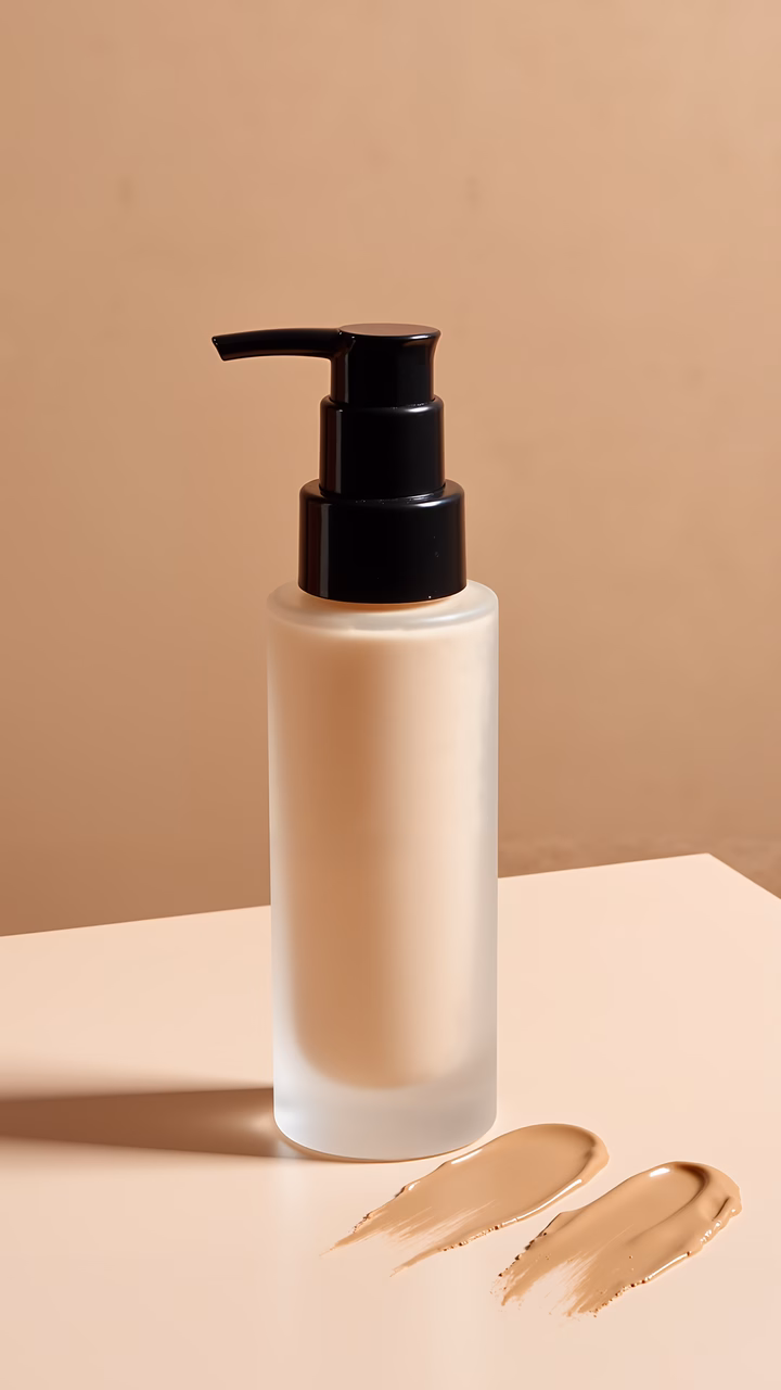 Minimalist foundation bottle with swatches, elegance in simplicity.