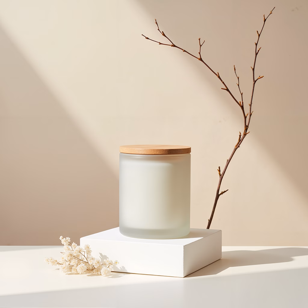 Minimalist frosted candle with natural elements, evoking tranquility.