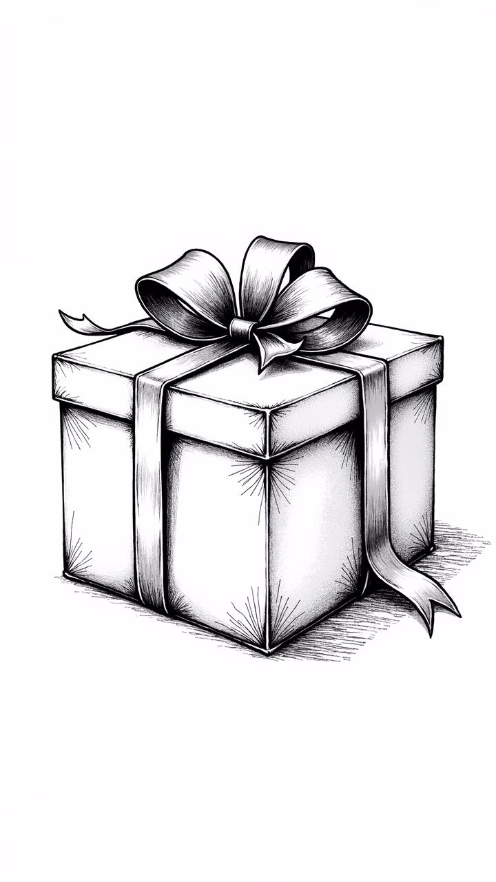 Detailed black-and-white illustration of a gift box with a bow, evoking anticipation and joy.