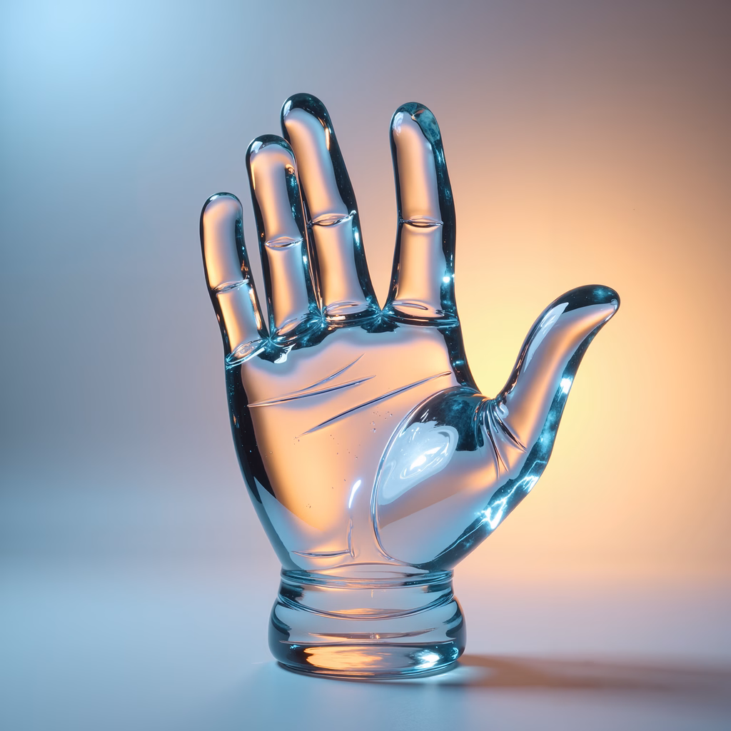 Translucent glass hand with glossy texture, cool-to-warm gradient background, serene atmosphere.