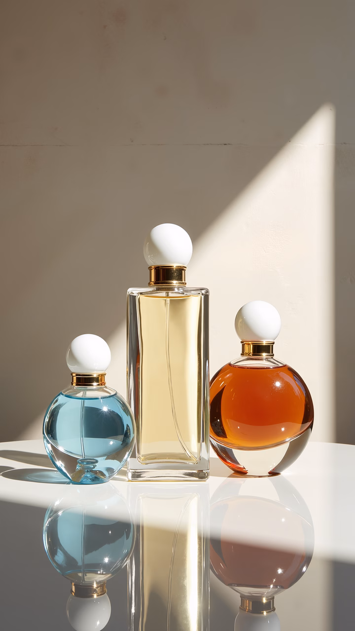 Elegant glass perfume bottles with soft natural lighting and symmetrical reflections.