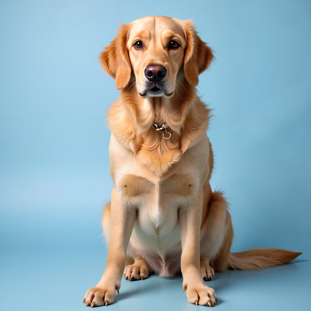 Golden Retriever sitting peacefully against a blue background.