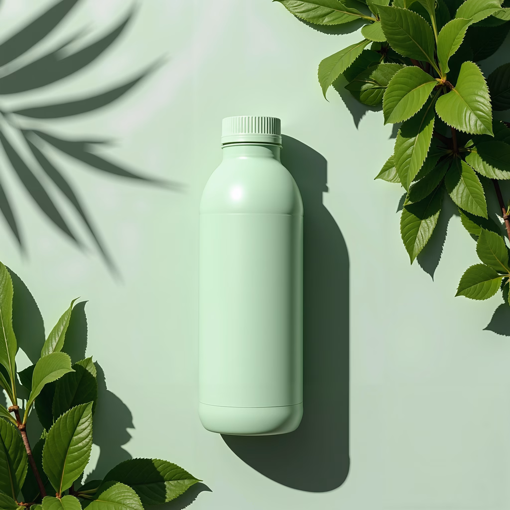 Minimalist green bottle with natural elements on a soft background.