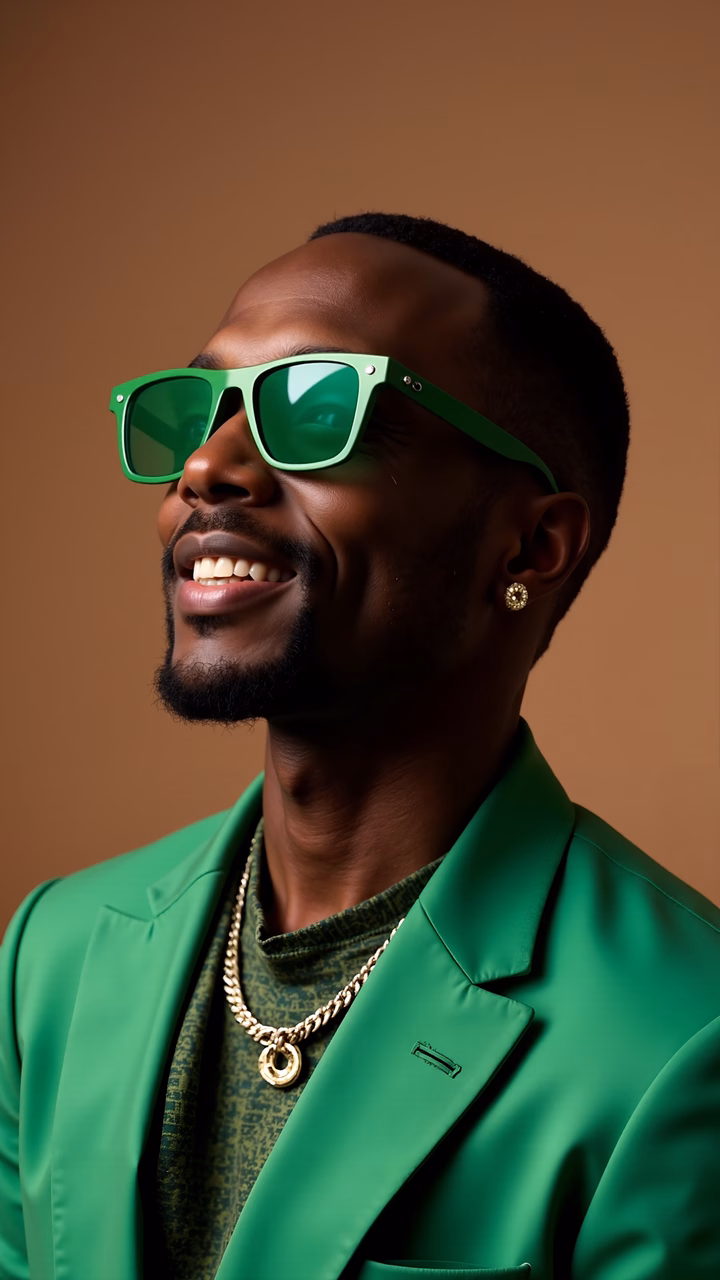 Vibrant green fashion portrait with bold colors and sophisticated style.