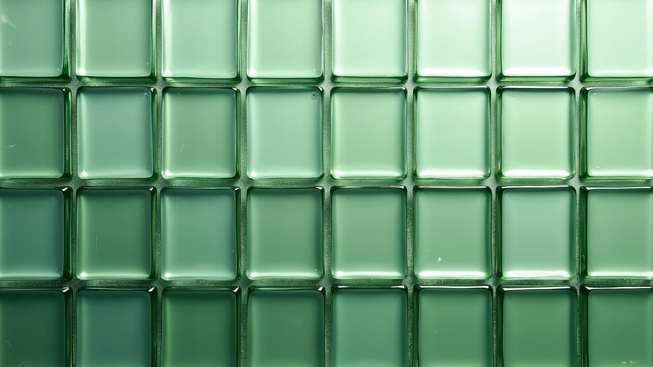 Uniform green glass tiles in a precise grid pattern, glossy finish, modern industrial vibe.