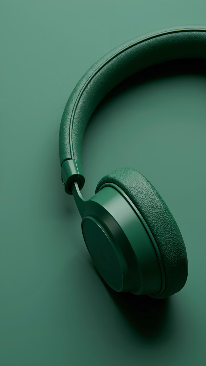 Close-up of green headphones on a green background, showcasing modern technology and comfort.