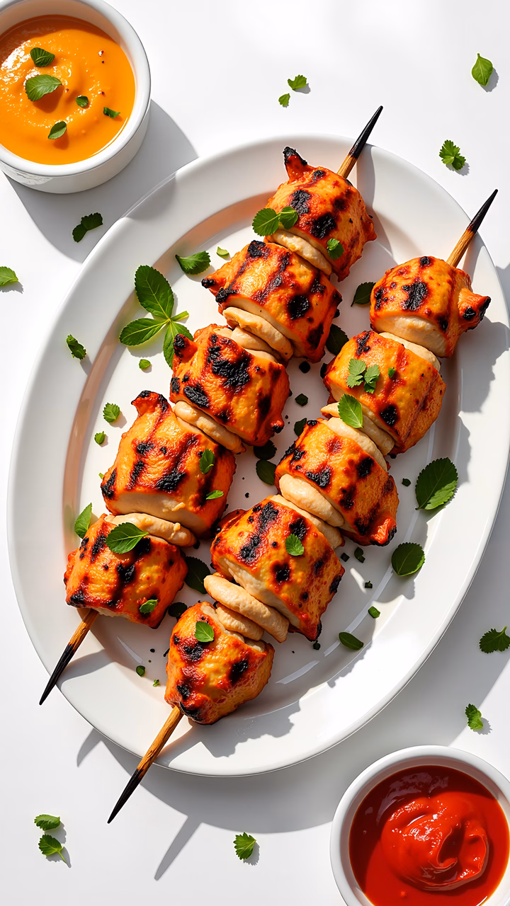 Grilled chicken skewers with cilantro and orange sauce, food photography.