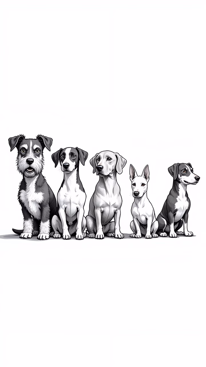 Five diverse dogs in a black and white illustration.