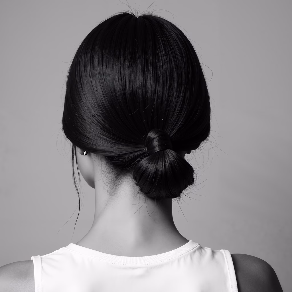 Elegant black-and-white portrait of a person with a sleek hair bun.