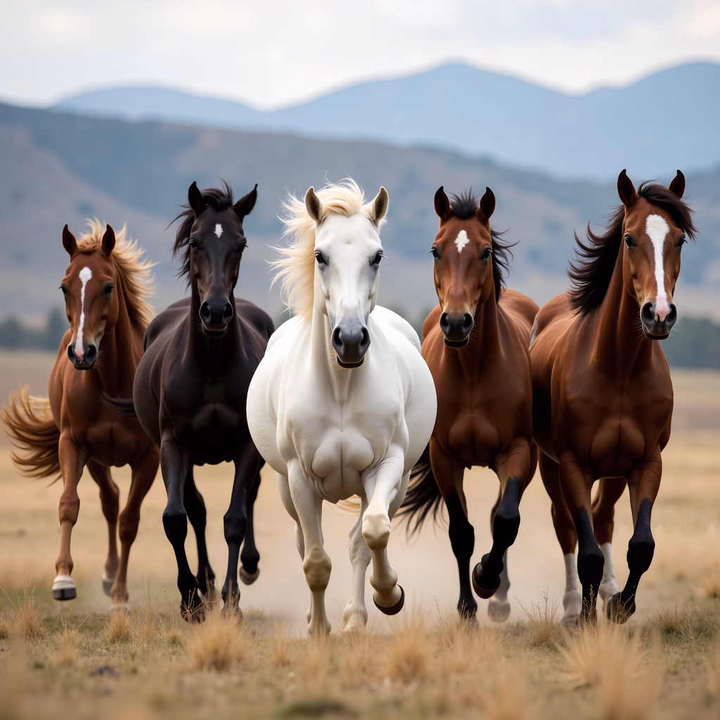 Five horses running free in a golden field with mountains in the background.