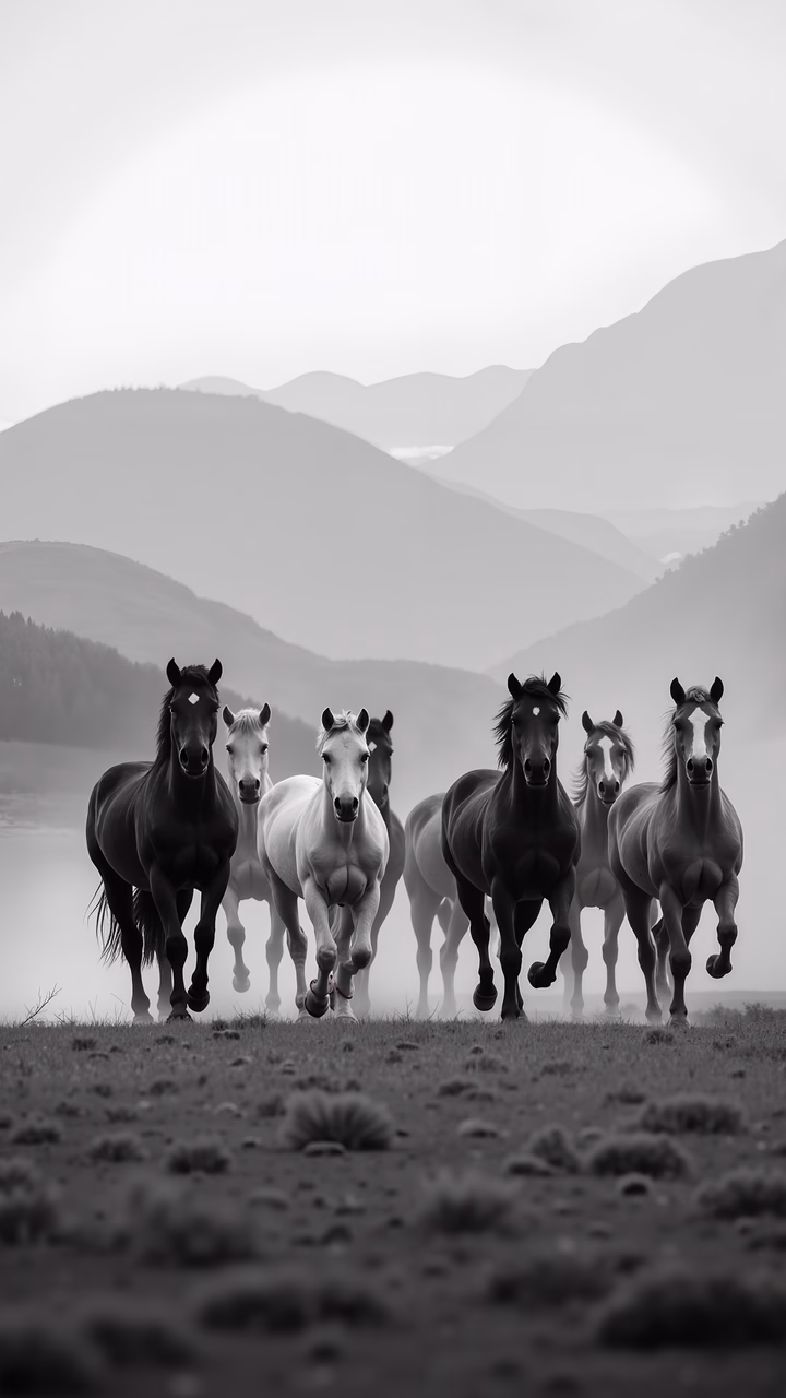 Dynamic black-and-white photo of horses running through misty mountains, capturing freedom and energy.
