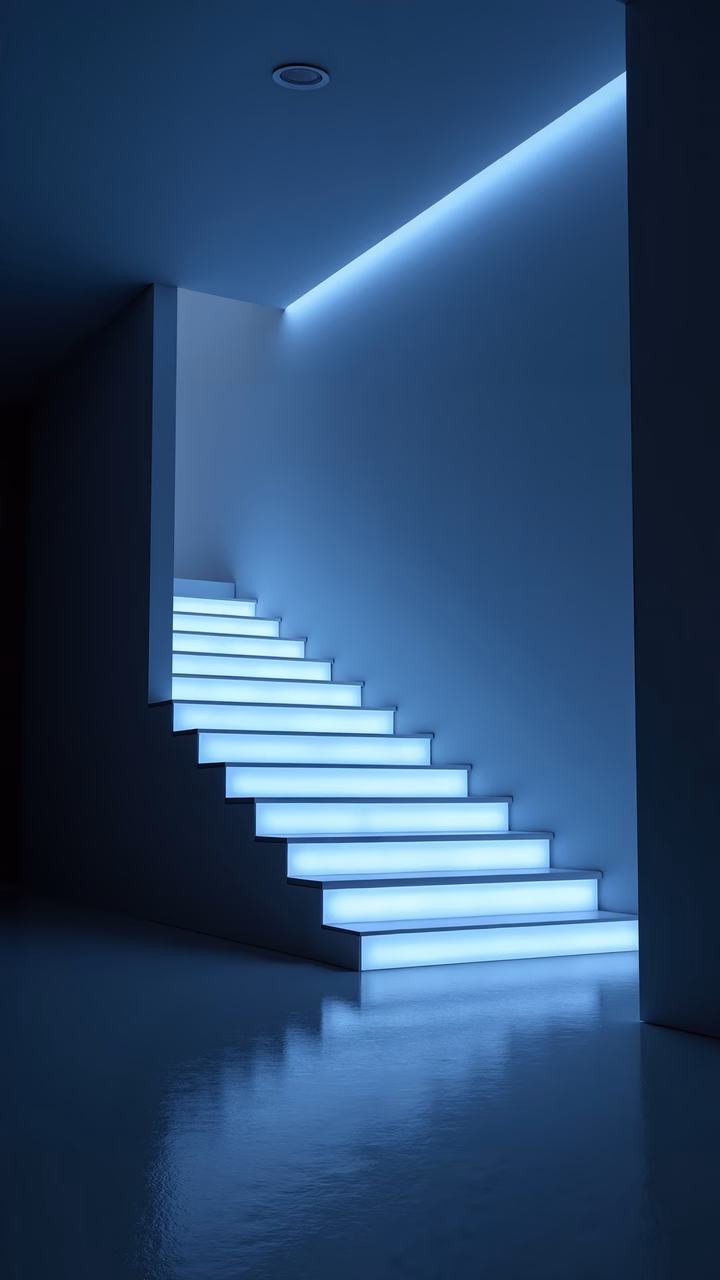 Minimalist staircase illuminated by cool blue light, creating a serene and futuristic ambiance.