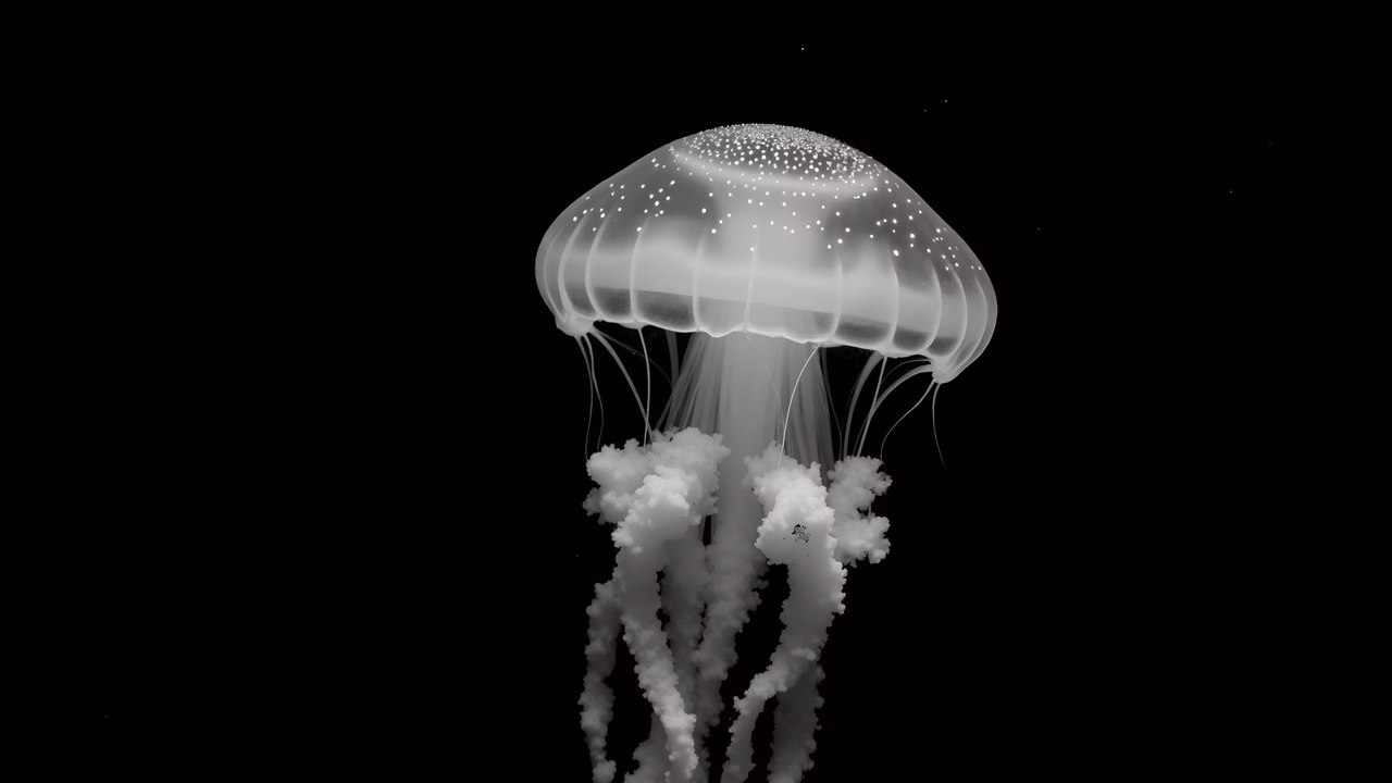 A mesmerizing black-and-white image of a jellyfish floating in the darkness, highlighting its delicate beauty and intricate patterns.