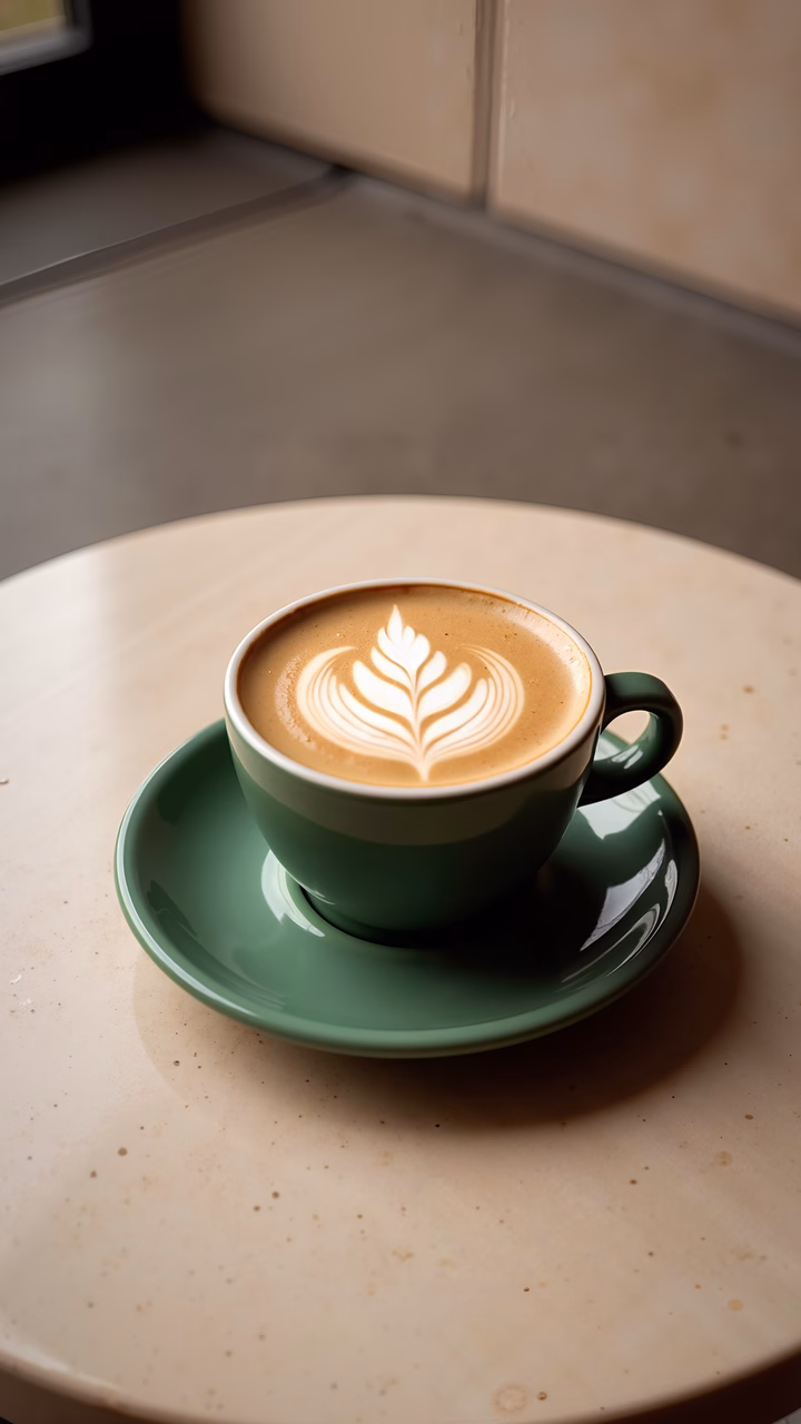 Elegant latte art in a green cup, perfect for a relaxing moment.