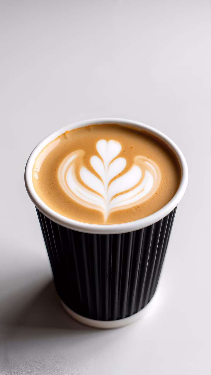 Close-up of latte art in a black cup, showcasing intricate design and warm tones.