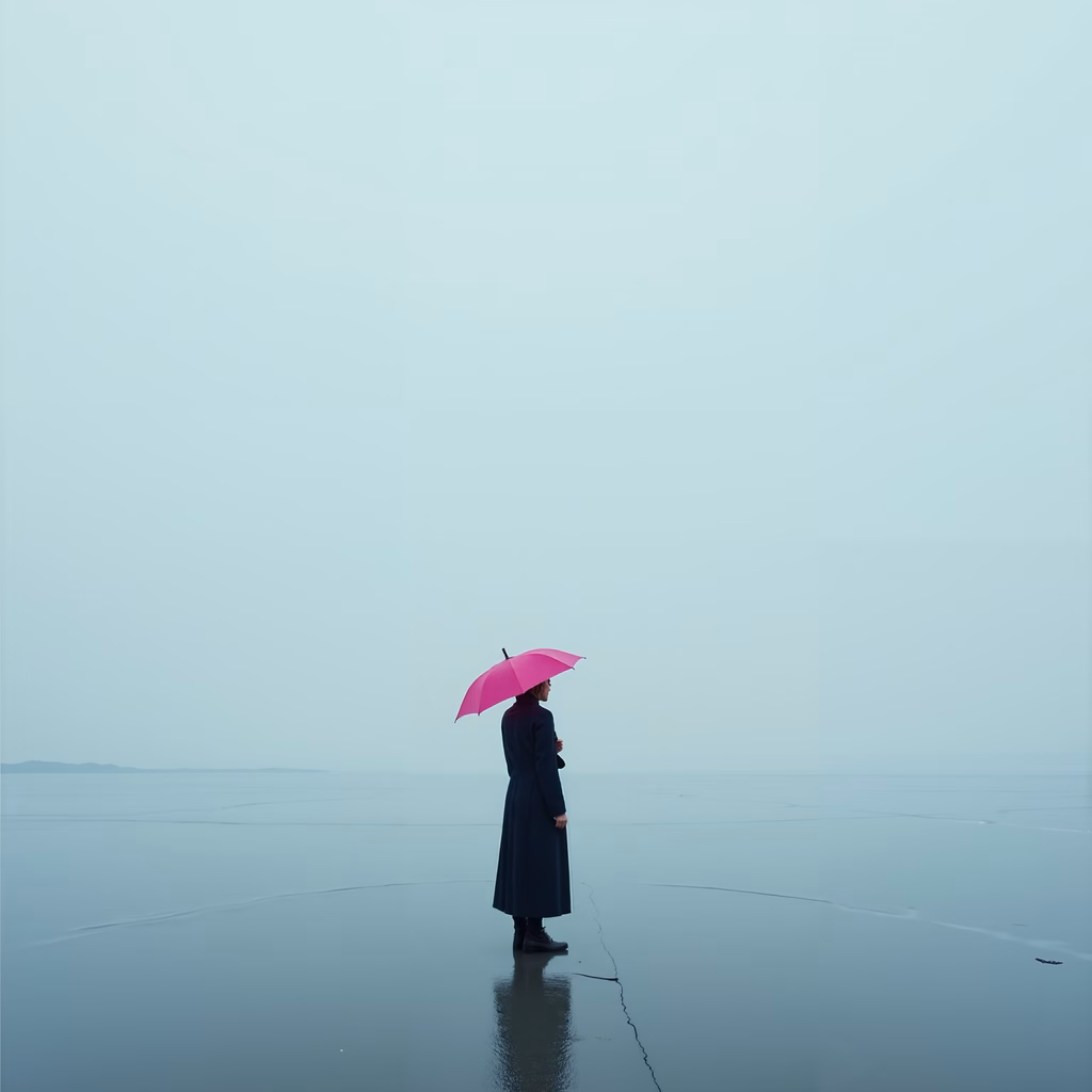 Solitary figure with pink umbrella on reflective surface, serene yet melancholic.