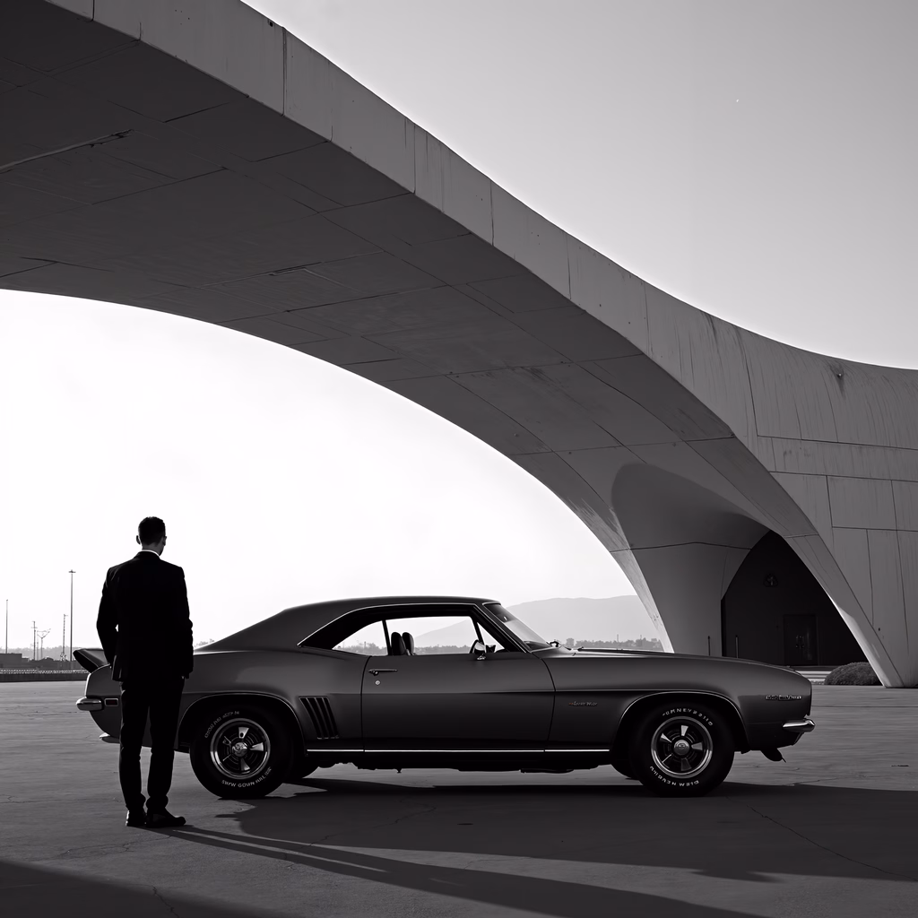 Silhouette of a man beside a classic muscle car under modern architecture, black and white photography.
