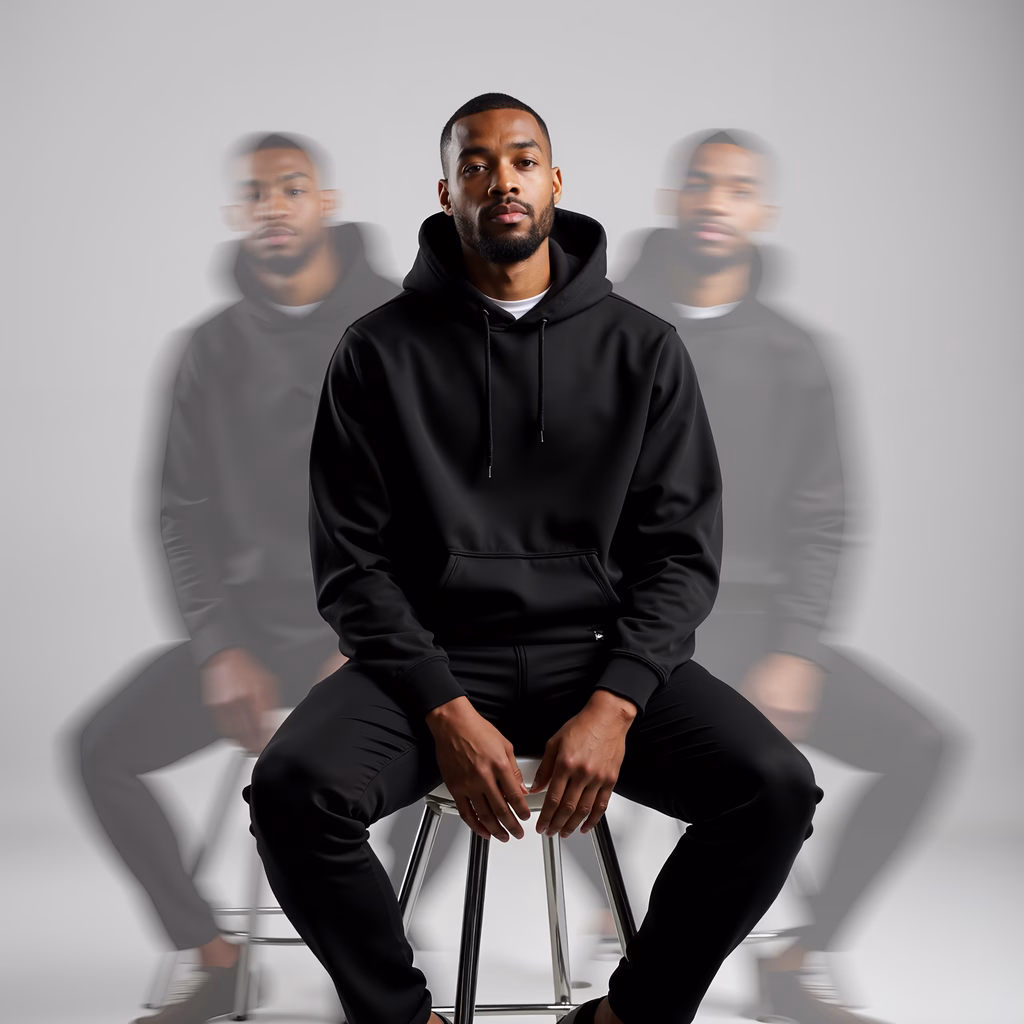 Minimalist fashion portrait with multiple blurred images of a man in black attire.