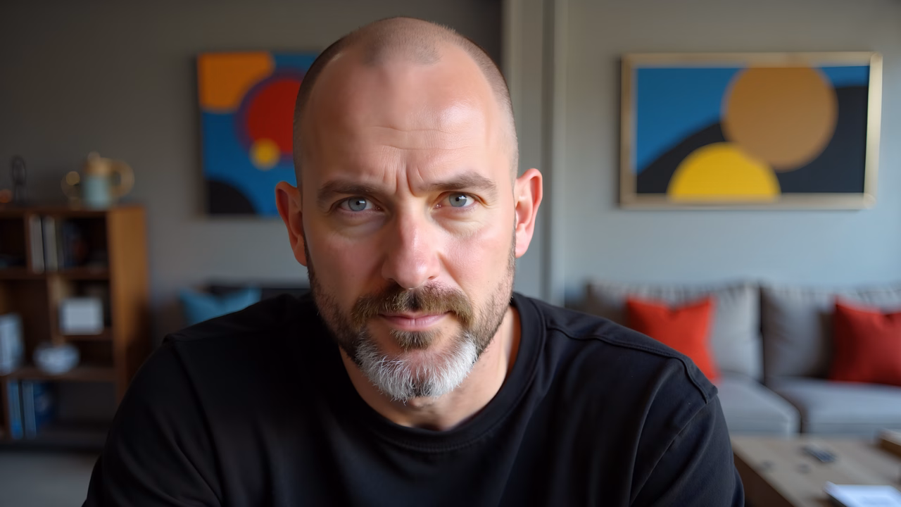 Close-up portrait of a man in a black shirt, set against colorful abstract paintings.