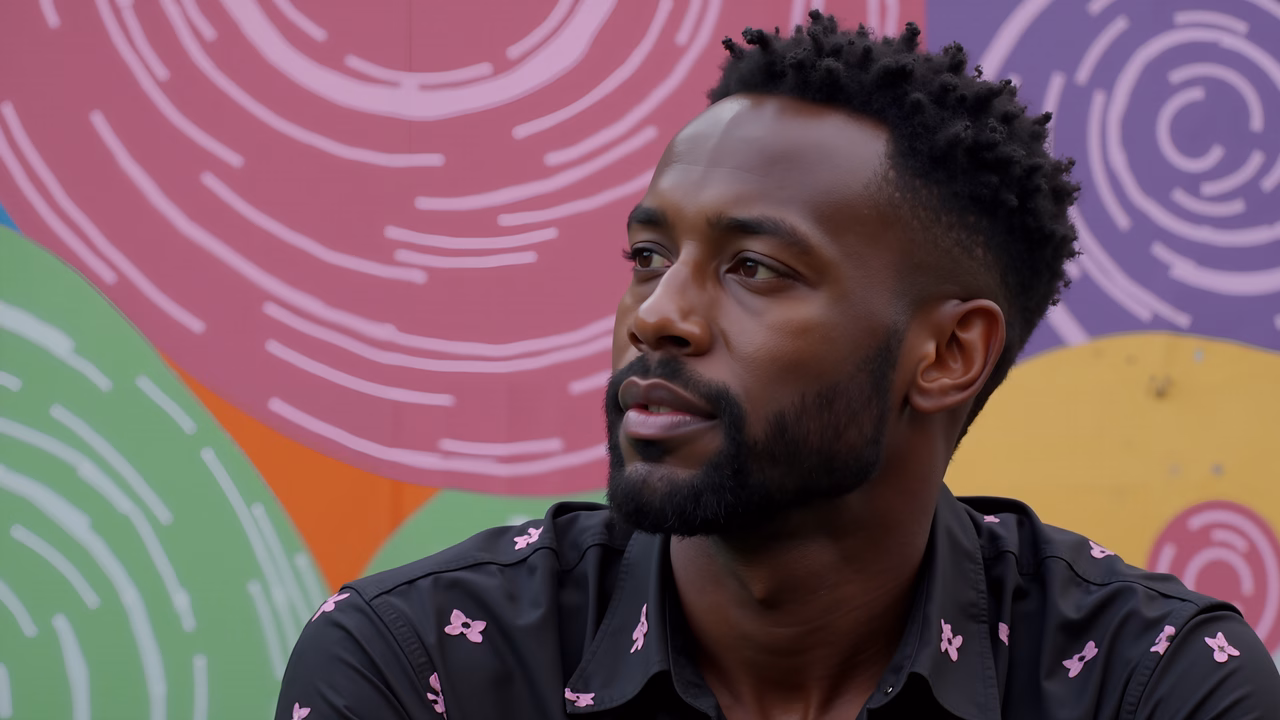 Close-up portrait of a man in a black shirt with pink butterfly print against a colorful mural background.