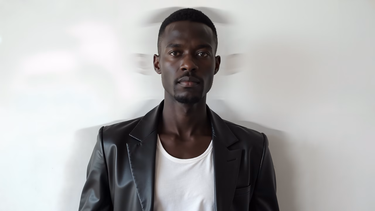Man in black suit against a white background, stylish and composed.