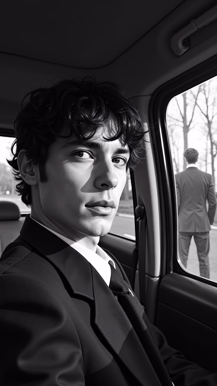 Black-and-white portrait of a man in a suit, seated inside a car, with dramatic lighting and a contemplative mood.