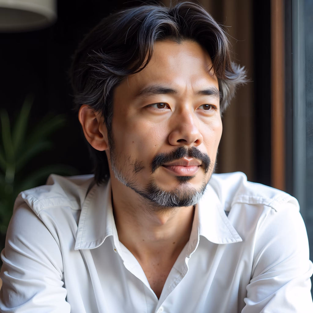 Close-up portrait of a man in a white shirt, serene and contemplative.