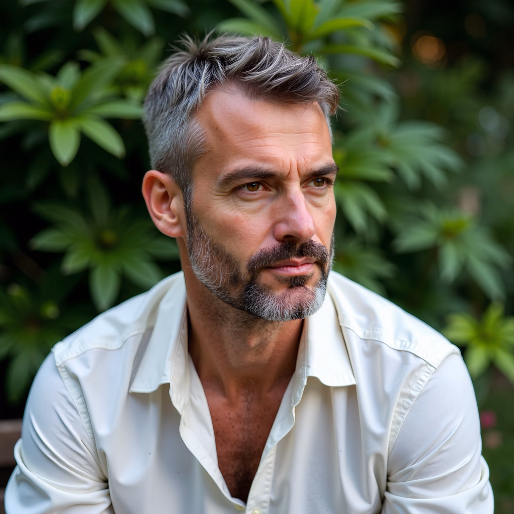 Close-up portrait of a man in a white shirt, surrounded by greenery, evoking a tranquil atmosphere.